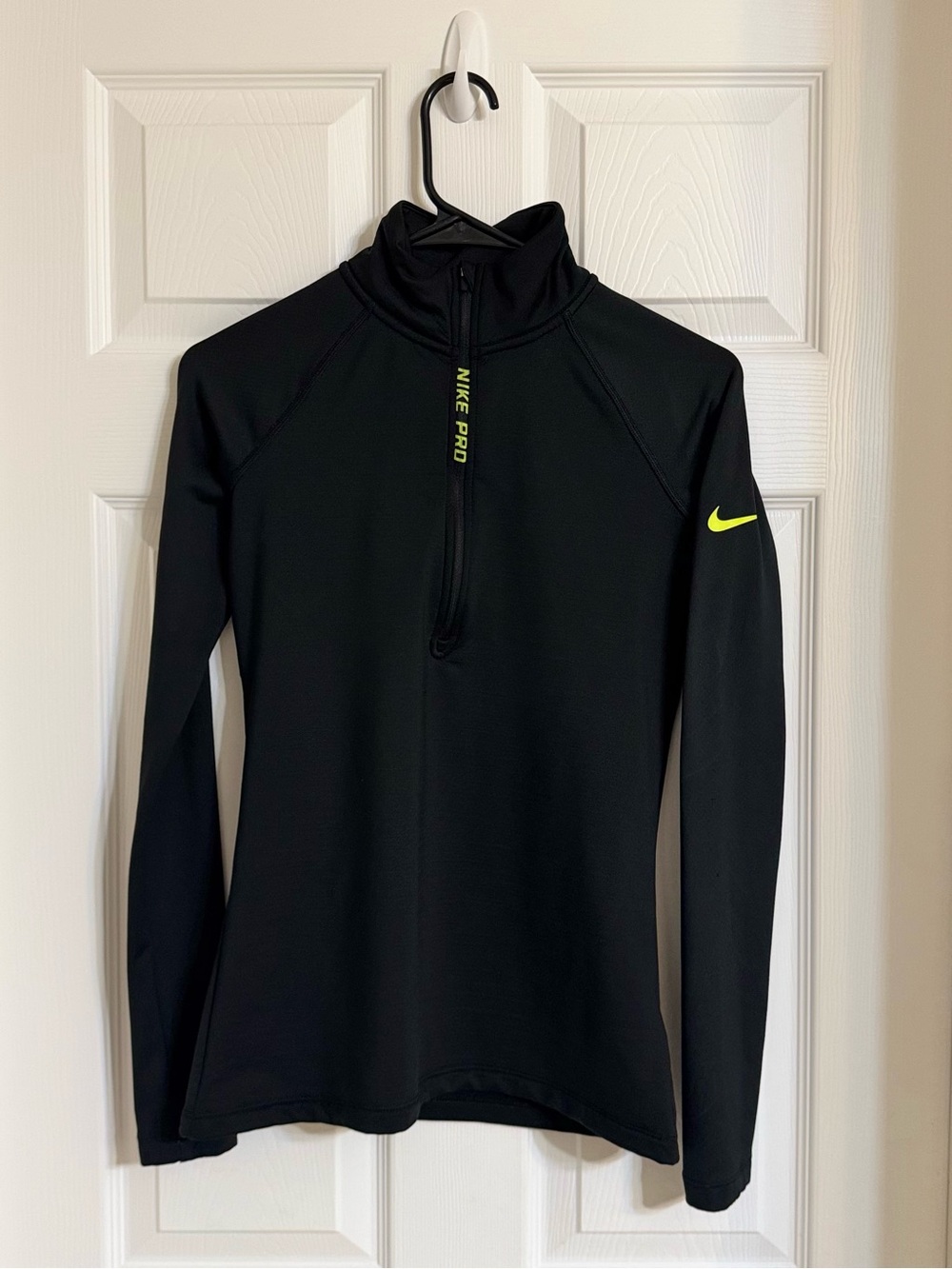Nike Women's Black Long-Sleeve 1/4 Zip Top with Neon Yellow Swoosh
